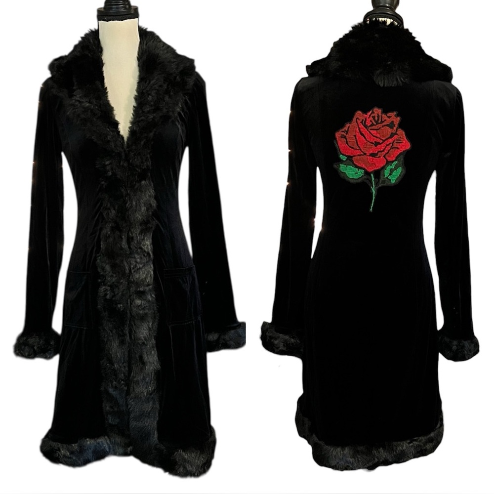 Vintage Betsey Johnson Velvet Faux Fur Embroidered Rose Duster Coat